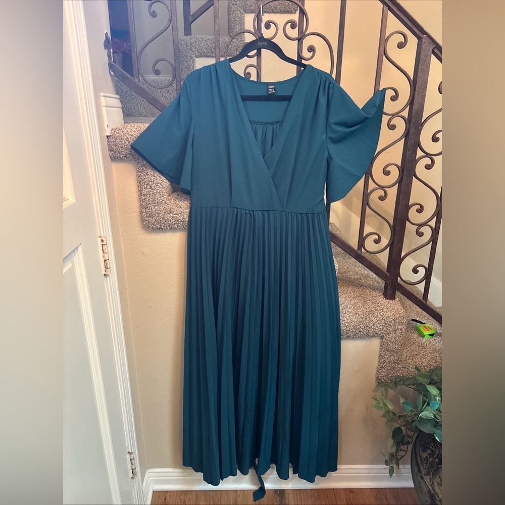 Shein Maxi Pleated Faux Wrap Front Dress Green Sz XL Holiday Party, Wedding EUC